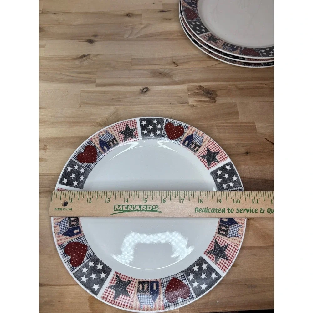 Oneida DC Brown American Quilt Dinner Plates Set of 4 Americana Patriotic 10.5